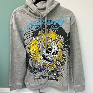 Ed Hardy Hoodie Size L Yellow Hair Skull Heather Grey Pullover Long Sleeve NEW